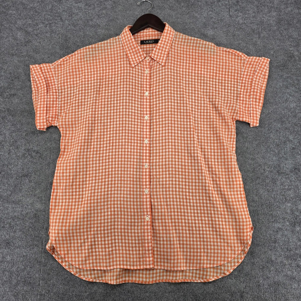 Lauren Ralph Lauren Orange Gingham 100% Linen Button Down Shirt XL Short Sleeve